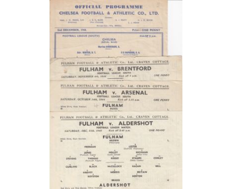 FULHAM   Three Single sheet Fulham wartime home programmes v Aldershot  1943/44 , Arsenal (score in pencil), Brentford ( fold