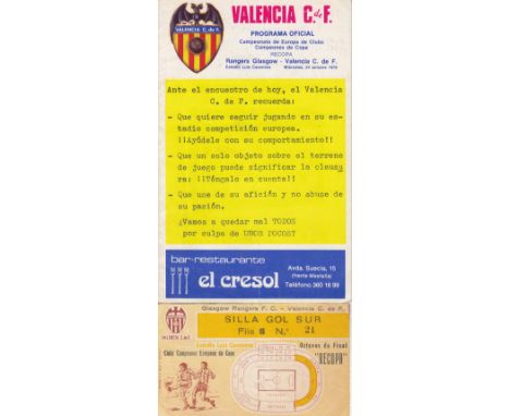 VALENCIA - RANGERS   Programme and match ticket, Valencia v Rangers, 24/10/79, Cup-Winners Cup, ticket is a little worn and i