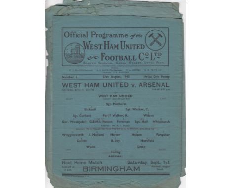WEST HAM 45-46   Ten West Ham single sheet home programmes, 45-46, v Arsenal (League), Brentford, , Chelsea, Millwall, Southa