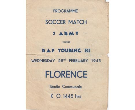 ARMY   4 Page programme  5 Army Team v RAF in Florence, Italy 28th February 1945. The 5 Army team included Collins of Wolves 