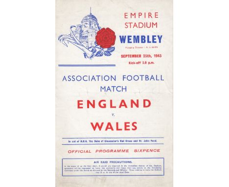 ENGLAND - WALES 1943   Official programme for the game between England and Wales, 25/9/43 at Wembley which was famous for Sta