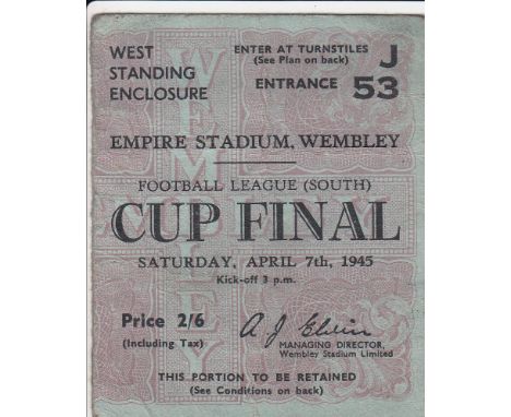1945 WAR CUP SOUTH  Match ticket for the War Cup Final South, Chelsea v Millwall 7/4/45 at Wembley, West Standing, creased.  