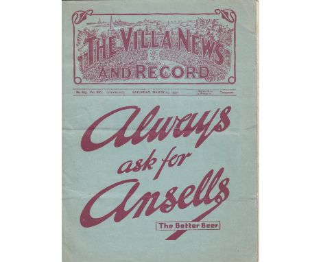 ASTON VILLA - ARSENAL 1931   Aston Villa home programme v Arsenal, 14/3/1931, first Arsenal Championship season. Folds, sligh