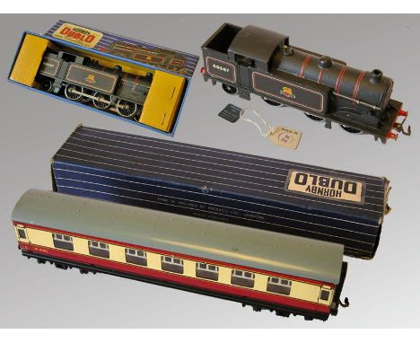 Model railways - a Hornby Dublo tank locomotive 0-6-2T op no 69567 BR black livery and a tin-plate passenger coach, (both exc