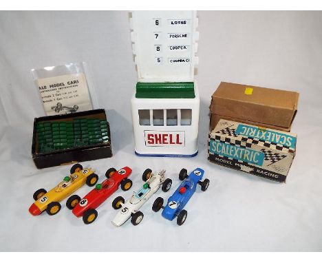 Scalextric - Four racing slot cars, a Shell lap boards and other, predominantly boxed