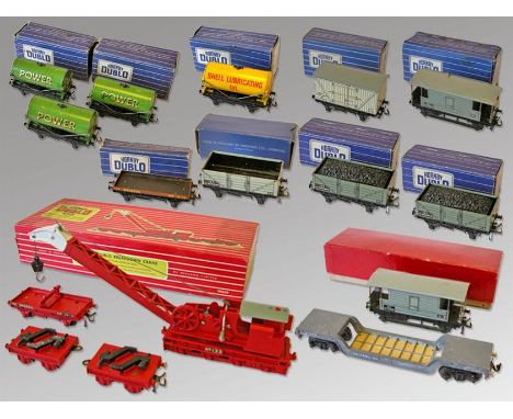 Model railways - a collection of Hornby Dublo tin-plate and diecast goods rolling stock to include a Breakdown Crane and elev