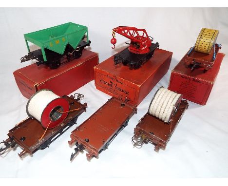 Model Railways - seven Hornby tinplate OO gauge goods wagons comprising No 1 crane truck in original box #42135, hopper wagon