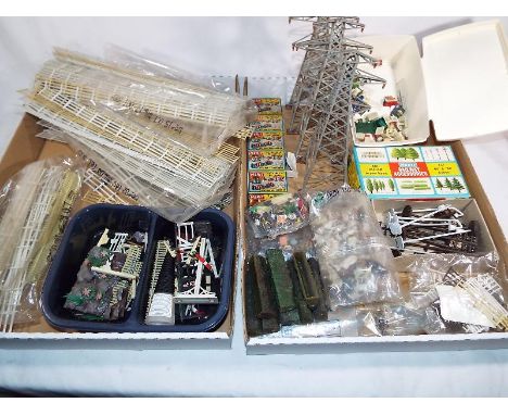 Model Railways - two boxes containing a good collection of scenic accessories to include Merit station accessories, fencing, 