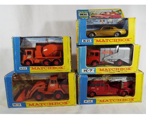Five Matchbox King Size diecast models comprising Hatra Tractor Shovel K-3, Refuse Truck K-7, Ready-Mix Concrete Truck K-13, 