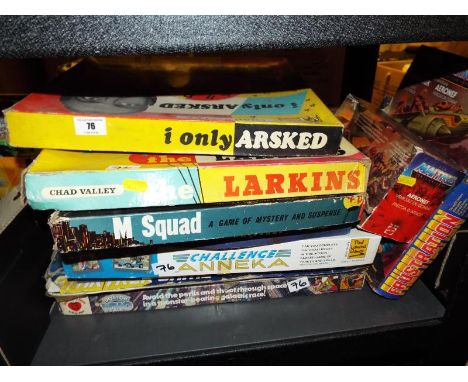 A good mixed lot of vintage board games to include Frustration, M Squad, Chad Valley The Larkins, I Only Asked, Battle of the