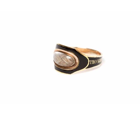 GEORGE III ENAMELLED AND HAIRWORK MOURNING RING
the black enamel lozenge shaped bezel with central oval crystal covered woven