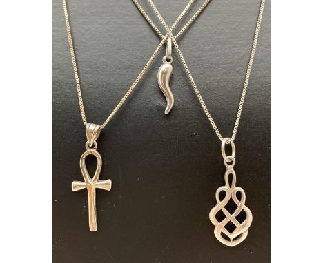 3 silver necklaces with pendants. An Ankh pendant on an 18" fine box chain; a Horn Of Hope on a 16" fine box chain and a Celt