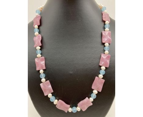 A 22" fresh water pearl necklace with pink jade curved square shaped beads &amp; gold tone hook clasp. Retired jewellery make