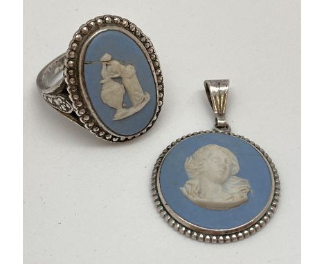 2 pieces of vintage silver jewellery set with blue Wedgwood Jasper ceramic plaques . A ring set with and oval Wedgwood panel 