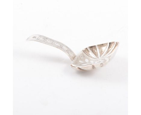 A George III silver caddy spoon, rectangular fluted and leaf etched bowl, bell flower handle, hallmarked Birmingham 1814, mak