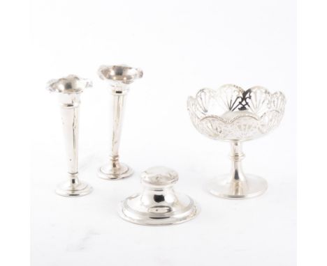 A tray of small silver collectables, a silver pedestal bon bon dish 10cm high, hallmarked Chester 1907, 3.5oz, a silver scrol