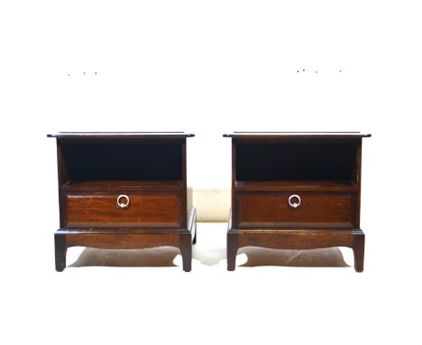 Pair of Stag mahogany bedside tables, each with a rectangular top, shelf above a drawer, width 53cm, depth 47cm, height 51cm.