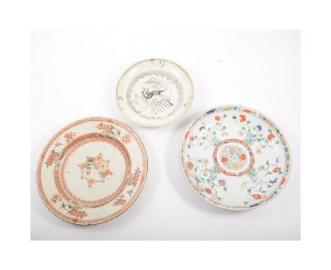 Chinese export porcelain soup plate, polychrome decoration, centre panel within a European style cartouche, diameter 22cm, a 