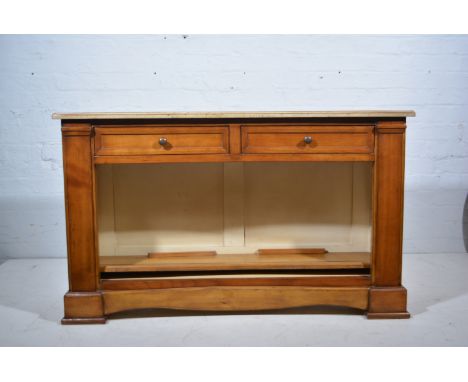 Reproduction French walnut sideboard, shaped rectangular top with moulded edge, two frieze drawers above an open fixed shelf,