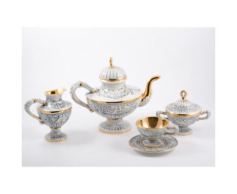 Capodimonte teaset, grey and gilt, moulded festoons, comprising teapot, 25cm, milk jug, sucrier, six cups and saucers, (15).