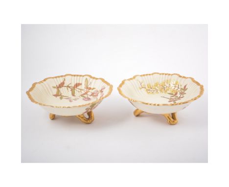 Pair of Worcester dishes, blush ivory ground, moulded circular form with gilt rims, gilt branch feet, painted with flowers, d