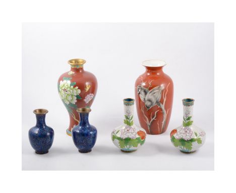 A collection of Cloisonne vases, all sizes and colours, some in pairs and similar ceramic vases.
