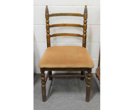 A set of six stained wood dinng chairs, ladder backs, (6).