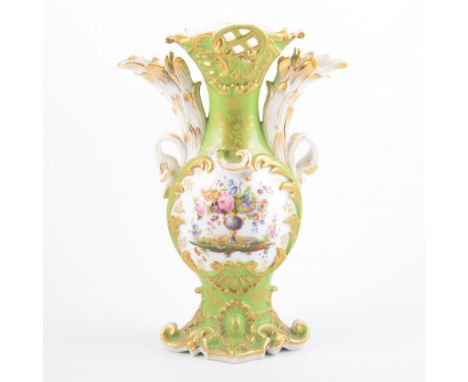 Jacob Petit porcelain vase, damaged, painted floral panel, green gilt outlines, 29cm.