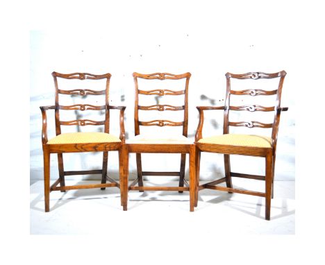 Set of eight  reproduction oak dining chairs, pierced wavy ladder backs, drop-in seats, square tapering legs, joined by H-str