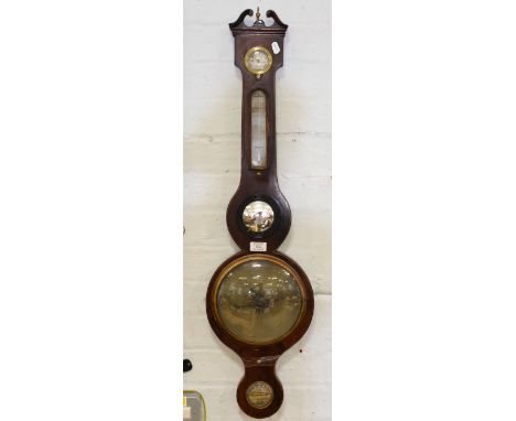 Victorian mahogany banjo shape barometer, swan-neck pediment, five dials, signed Camponovo, Summerstown, Oxon, 98cm.