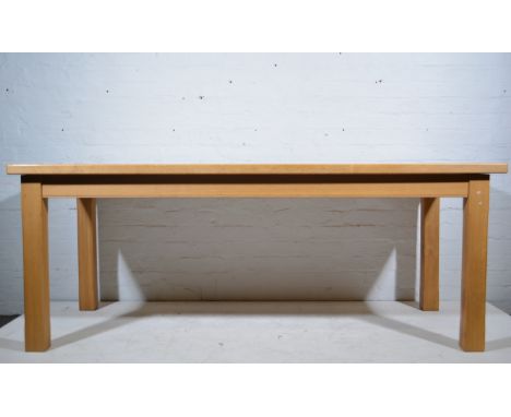 Contemporary light oak kitchen table, rectangular top, square legs, 196cm x 92cm, height 76cm.