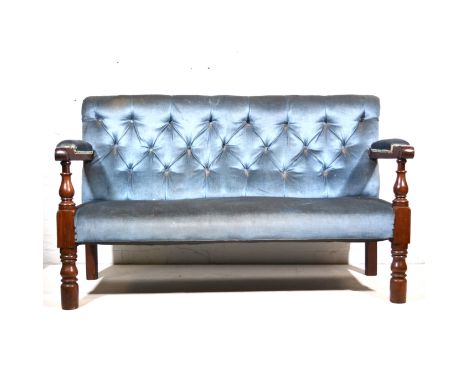Victorian mahogany framed settle, probably Irish, scrolled arms with baluster turned supports, turned legs, button dralon uph