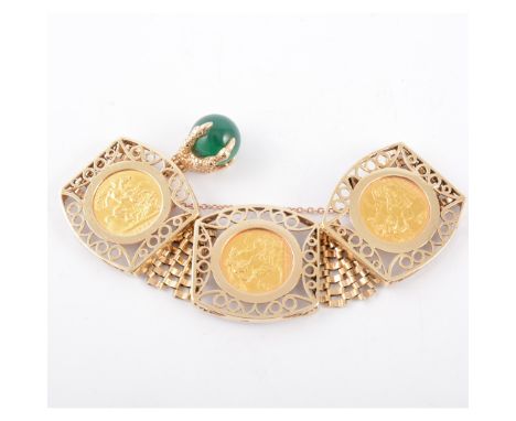 A gold sovereign bracelet, three Elizabeth II 1965 full Sovereigns individually set in claw back mounts to a 9 carat yellow g