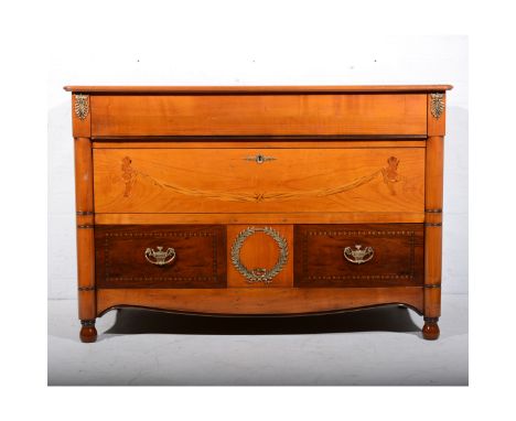 Reproduction French walnut and inlaid commode, rectangular top with rounded corners, frieze drawer above two deep drawers, wi