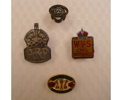 WW2 Four various vintage home front original badges comprising of an original ARP (Air Raid Precautions) silver hallmarked bu