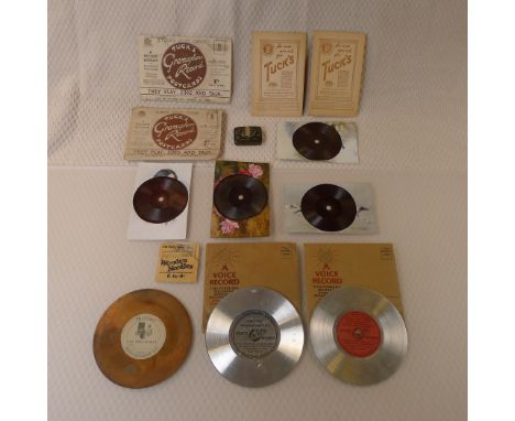 7 x Early , Rare gramophone records comprising 1 x Mivoice copper 5 inch single side record by Sound Recordings, 2 x aluminiu