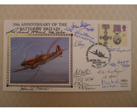 WW2 RAF A multi signed Benham 22ct Gold Small Silk 50th Anniversary of the Battle of Britain Spitfire cover containing the si