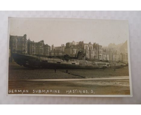 WW1 An original WW1 era postcard showing German U Boat U 118 which ran aground on Hastings beach in front of the Queens Hotel