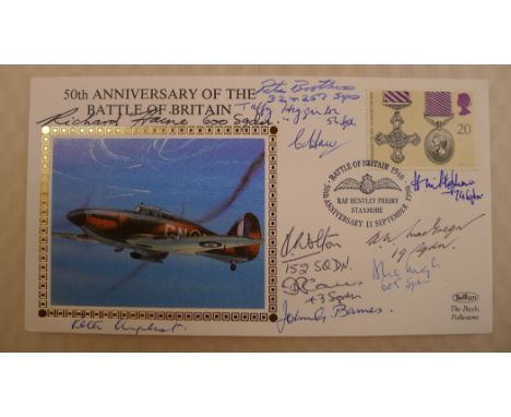WW2 RAF A multi signed Benham 22ct Gold Small Silk 50th Anniversary of the Battle of Britain Hurricane cover containing the s
