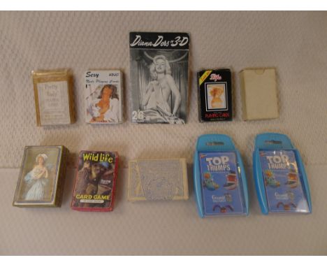 A collection of 9 various packs of vintage playing cards , adult playing cards , card games and a vintage Roye Vala Diana Dor