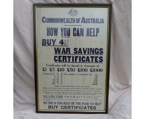 WW1 Rare An original WW1 home front advertising poster for Commonwealth of Australia War Savings Certificates printed by S T 
