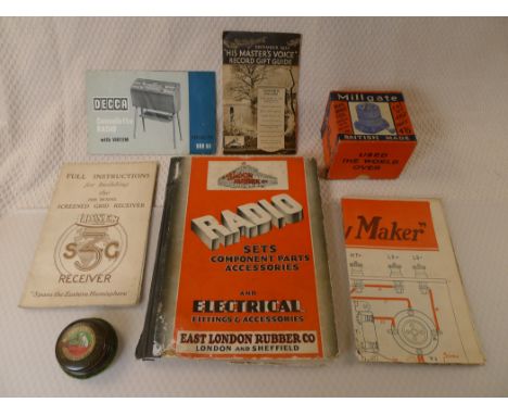 7 x various vintage radio , gramophone related items comprising an original East London Rubber Company 1932 1933 Catalogue of