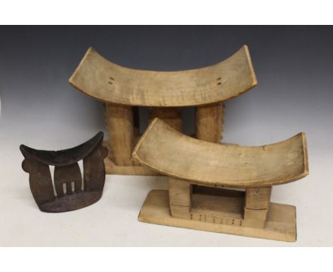 TWO WEST AFRICAN GHANA ASHANTI TRIBAL ART WOODEN STOOLS, and an East African Ethiopian tribal art headrest