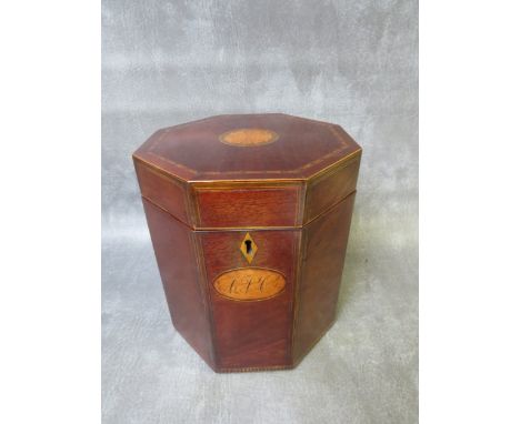 A 19TH CENTURY MAHOGANY OCTAGONAL INLAID CADDY, L 18 cm, W 18 cm, H 21 cm