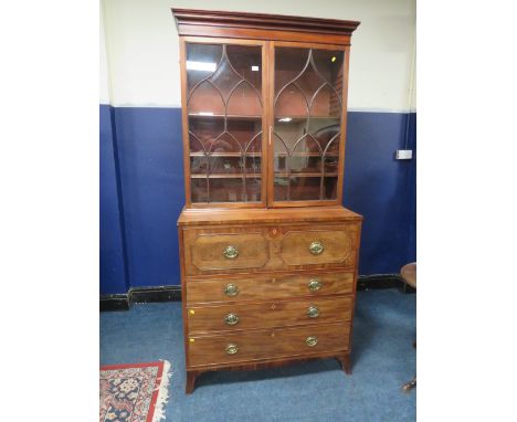 A 19TH CENTURY MAHOGANY SECRETAIRE BOOKCASE, the twin door upper section with astragel moulding to the doors, fully fitted se