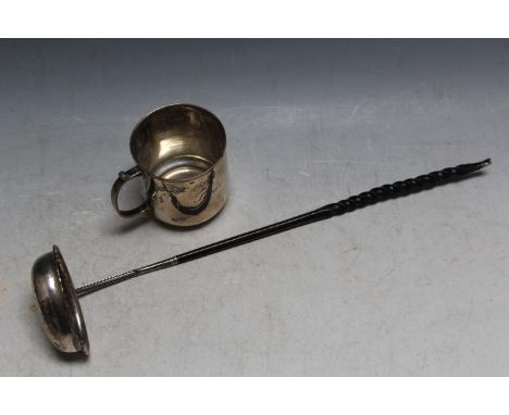 A GEORGIAN TYPE WHALE BONE TODDY LADLE, no hallmarks, L 34 cm togheter with a hallmarked silver mug engraved 'Sheila', approx