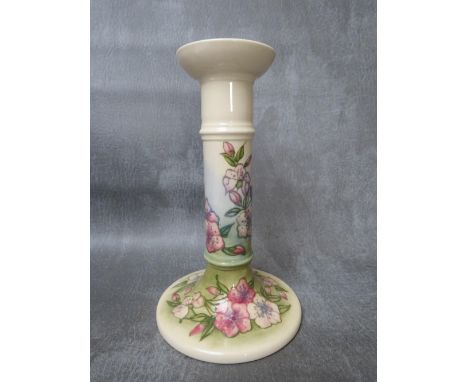 A MOORCROFT 'CHERRY BLOSSOM' CANDLESTICK, cream, green and pale blue ground with tube-lined cherry blossom, H 20 cm