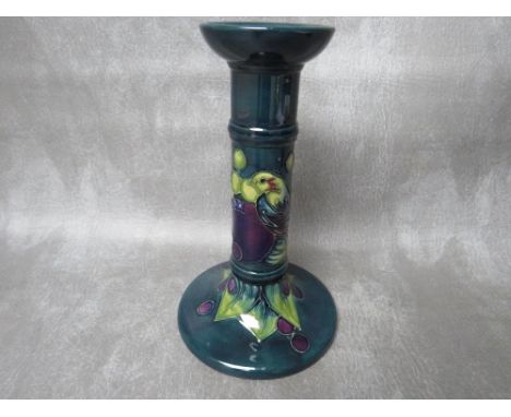 A MOORCROFT FINCHES PATTERN CANDLESTICK, impressed marks to the base, H 20.5 cm