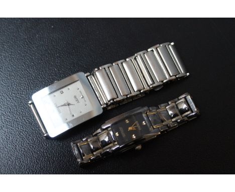 TWO RADO WATCHES ON STEEL BRACELETS, gents watch 2 x 1.5 cm, ladies watch 1.5 x 1 cm&nbsp; &nbsp;Condition:&nbsp;Working capa