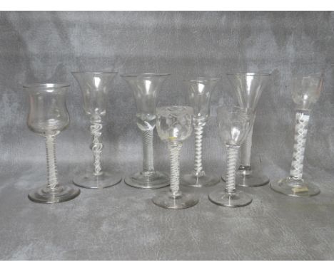 A COLLECTION OF EIGHT ASSORTED AIRTWIST 18TH CENTURY AND LATER WINE AND OTHER GLASSES, to include engraved examples, one glas